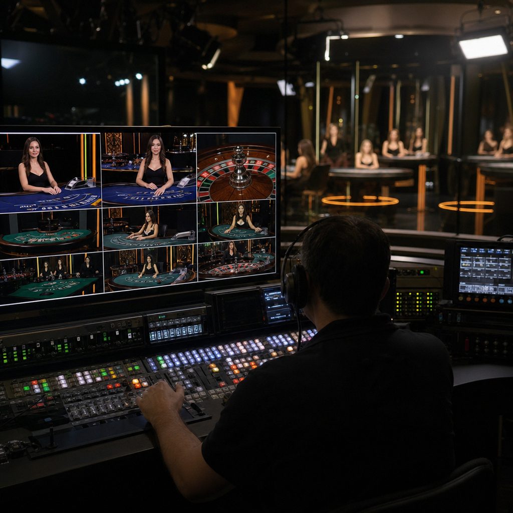A live dealer studio control room with multiple cameras